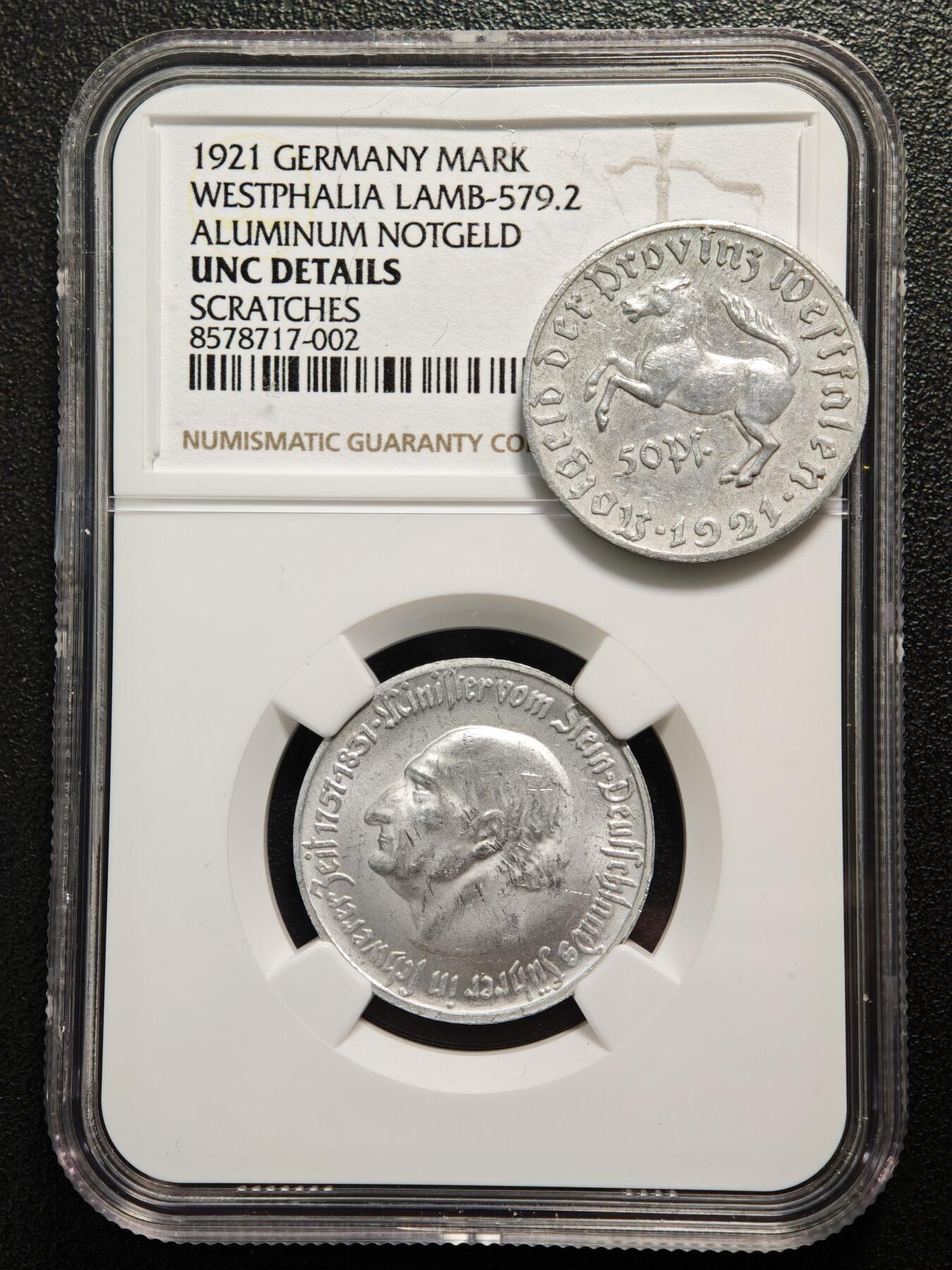 【德藏】世界币章拍卖第161期 2枚一组 1921年 德国德紧时期马币铝币 NGC UNC 及 1921年 德国德紧时期50芬尼马币铝币