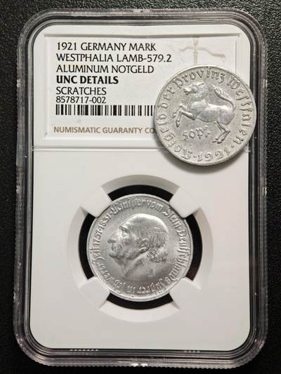 【德藏】世界币章拍卖第161期 - 2枚一组 1921年 德国德紧时期马币铝币 NGC UNC 及 1921年 德国德紧时期50芬尼马币铝币