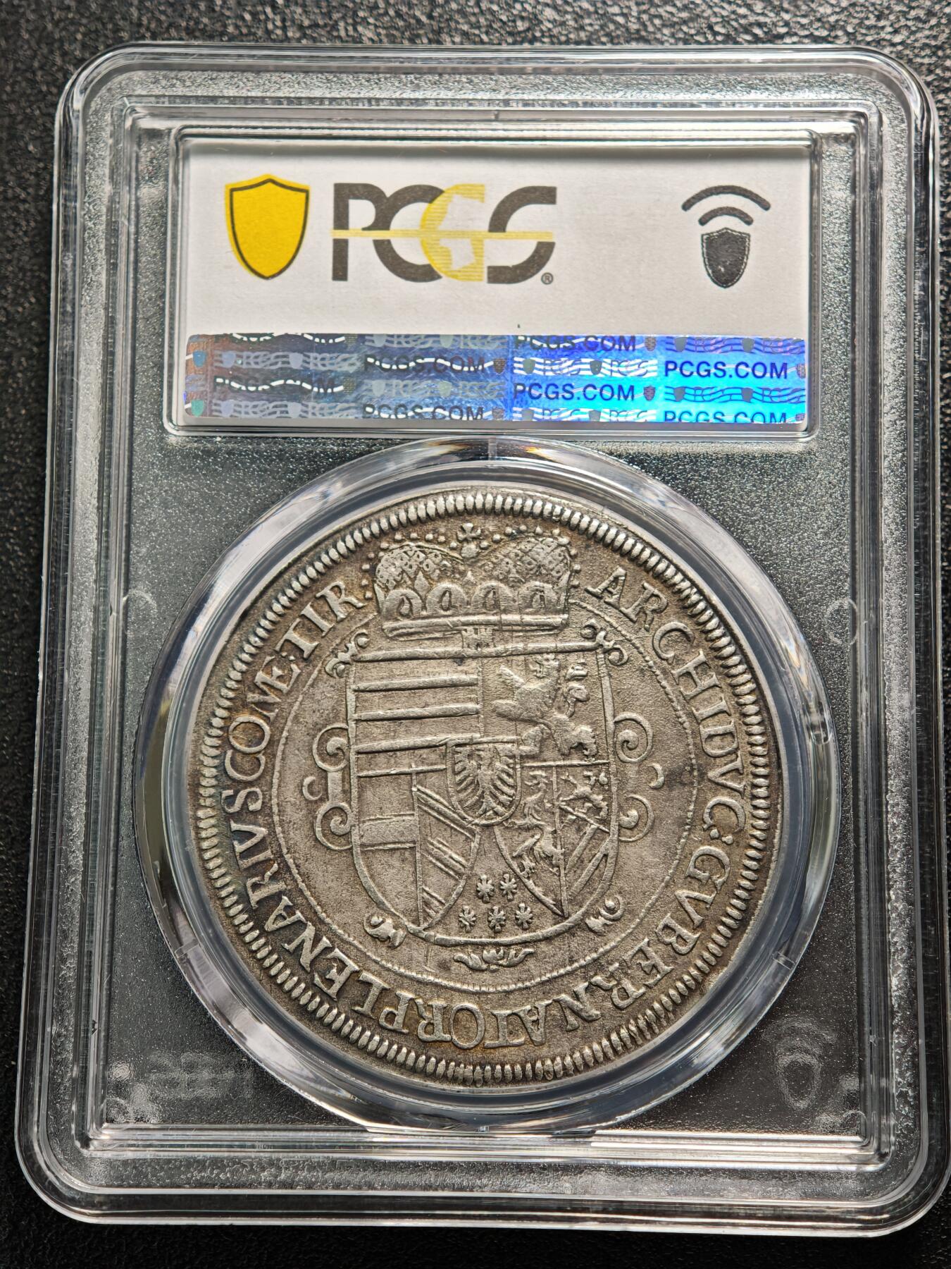 【德藏】世界币章拍卖第161期 1624年 奥地利蒂罗尔伯国利奥波德五世老泰勒大银币 原味包浆 局部有彩 PCGS AU50