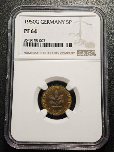 【德藏】世界币章拍卖第161期 - 1950年 德国5芬尼精制铜币 NGC PF64