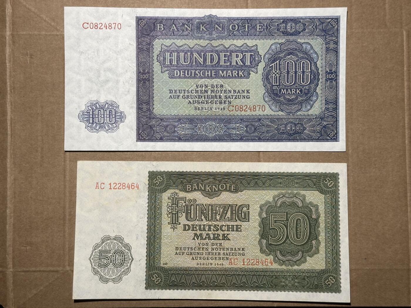 🐍甜小邱世界纸币收藏🐍第139期精品场💐 民主德国（东德）1948年10、20、50和100马克一套 社会主义阵营 全新UNC 50有黄 10有轻微角折