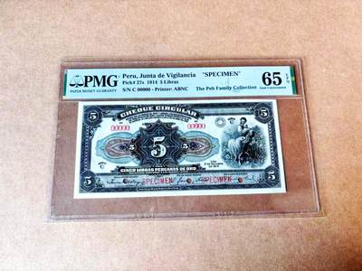 【Blue Auction】世界纸币精拍第774期——18级TOP拍卖/信誉/品质/专业/高效💫 - 【仅2张更高分 新加坡船王白氏旧藏】秘鲁1914年5金镑 牧羊女 ABNC样钞 雕刻精细 PMG65EPQ 目录价750美金（早期与英镑等值，一战后紧急发行以应对黄金挤兑危机，金本位名存实亡）