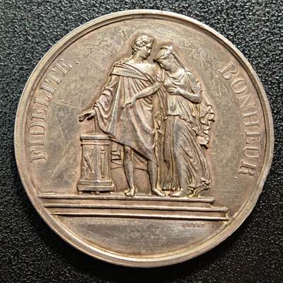 【德藏】世界币章拍卖第161期 - 1842年(刻字) 法国结婚纪念银章 刻字精美 直径约：38.8mm；重约：24.6g