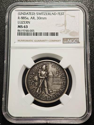 【德藏】世界币章拍卖第161期 - 19世纪 瑞士卢塞恩射击节奖章纪念银章 环形包浆 NGC MS63