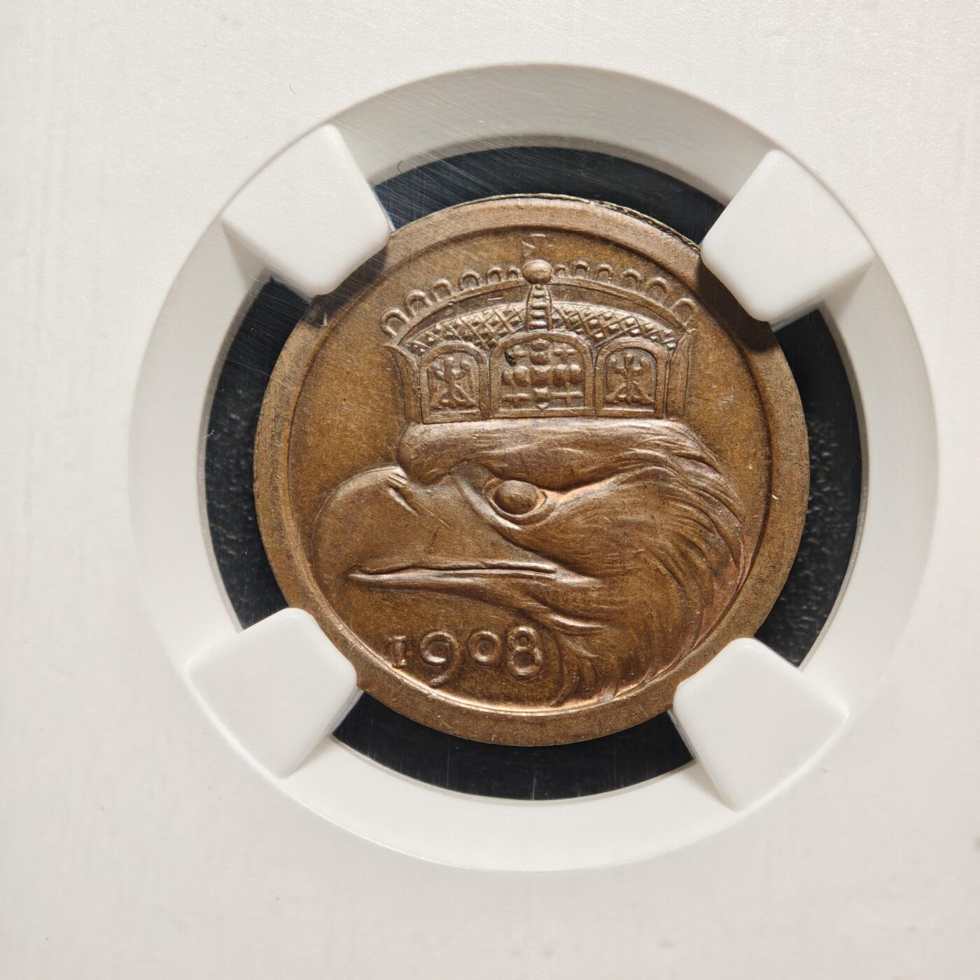 【德藏】世界币章拍卖第161期 1908年 德国25芬尼大嘴鹰 精制铜样币 章牌大师:卡尔歌茨作品 NGC PF63BN