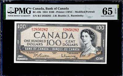 【Blue Auction】世界纸币精拍第774期——18级TOP拍卖/信誉/品质/专业/高效💫 -  【无47】加拿大1954 年100元 女王 欧肯纳根湖景 PMG65EPQ