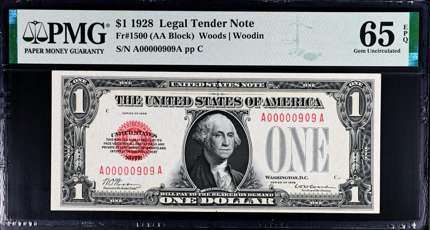【Blue Auction】世界纸币精拍第774期——18级TOP拍卖/信誉/品质/专业/高效💫 【AA冠909倒置小号】美国 1928年1美金 PMG65EPQ 