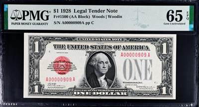 【Blue Auction】世界纸币精拍第774期——18级TOP拍卖/信誉/品质/专业/高效💫 - 【AA冠909倒置小号】美国 1928年1美金 PMG65EPQ 