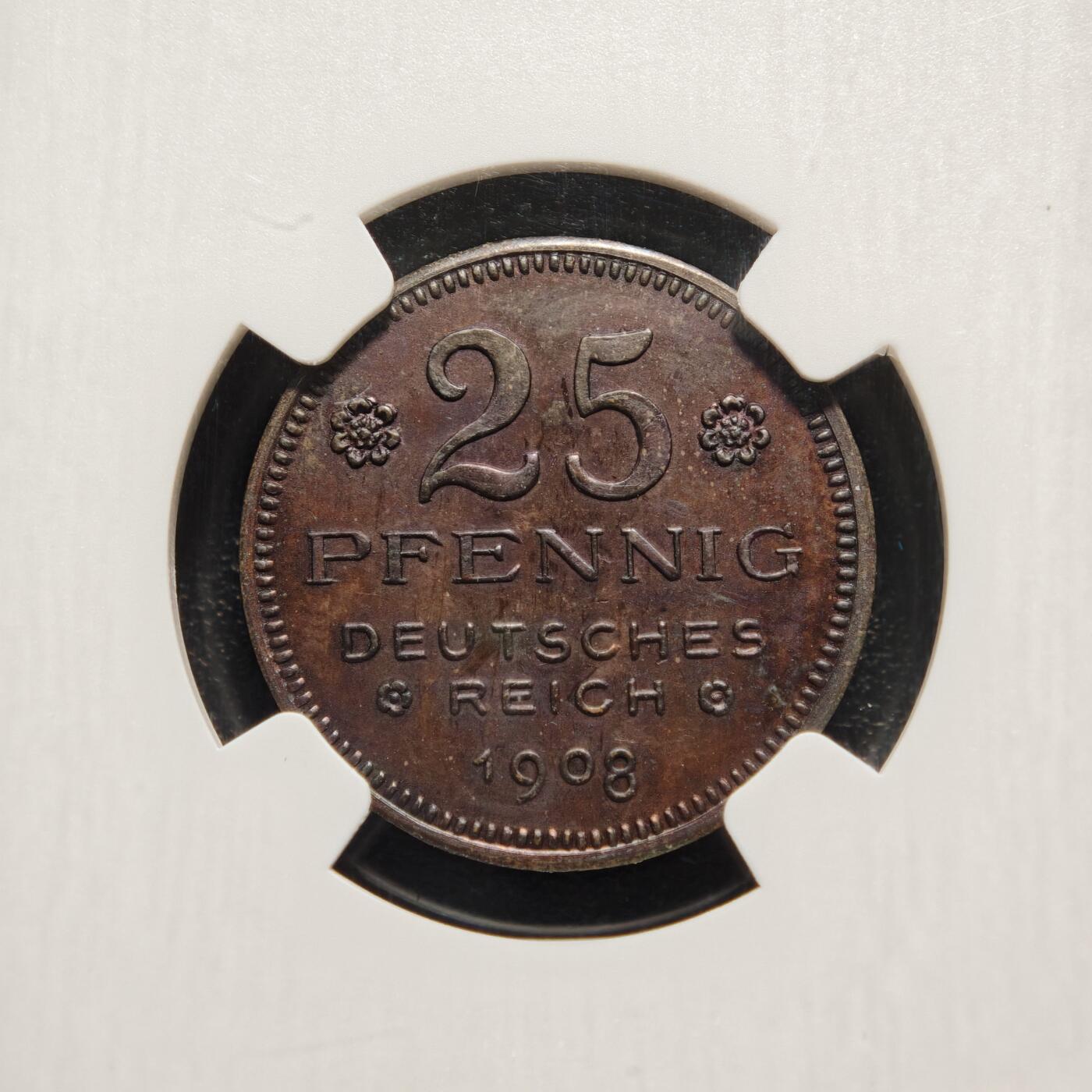 【德藏】世界币章拍卖第161期 1908年 德国25芬尼鹰徽 精制铜样币 章牌大师:卡尔歌茨作品 NGC PF63RB