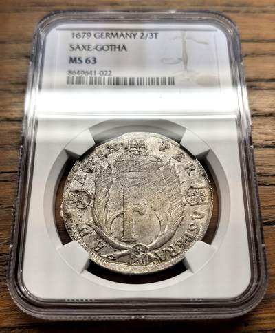 凡希社世界钱币微拍第三百十八期 - 1679德国萨克森-哥达公国弗里德里希2/3泰勒大银NGC-MS63，稀有的神罗邦国品种，先天模具弱打，实物未流通状态，原光难得。