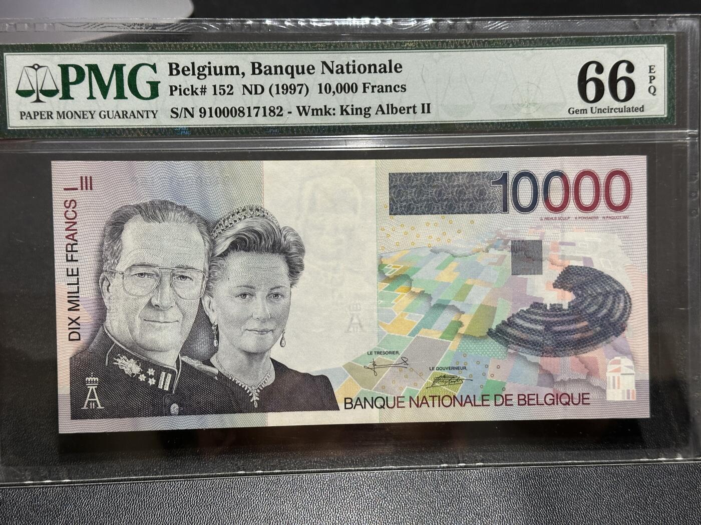 《外钞收藏家》第六百零一期（畅拍场）（本平台长期征集拍品、欢迎藏友们联系合作） 1997年比利时末版1万法郎 PMG66 外钞精品 精美票面