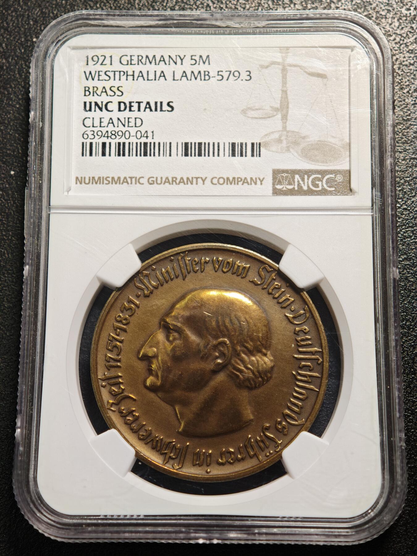 【德藏】世界币章拍卖第161期 稀少！马币总筋！ 1921年 德国德紧威斯特法伦5马克马币铜币  发行量仅4000多枚 NGC UNC