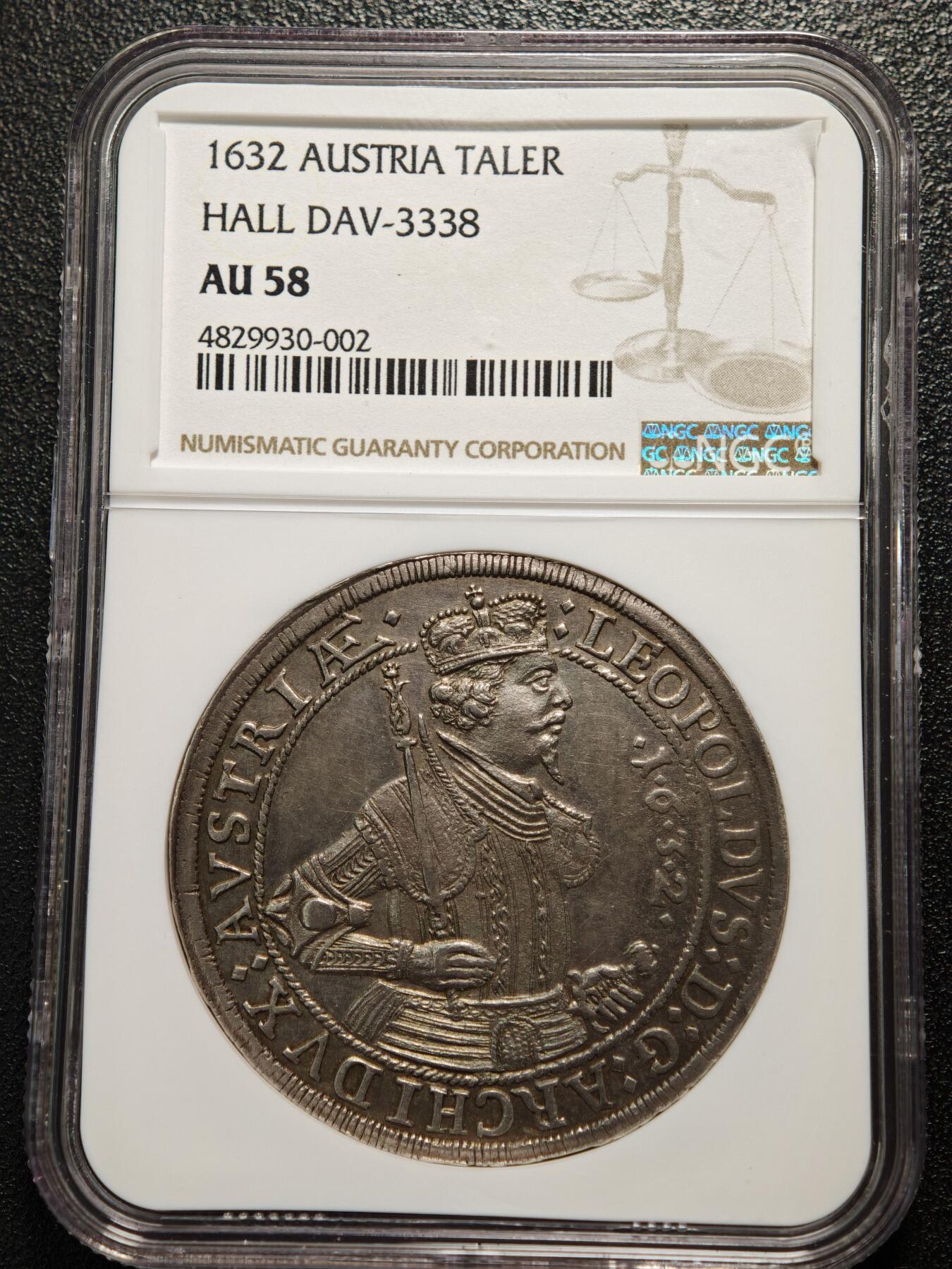 【德藏】世界币章拍卖第161期 1632年 奥地利蒂罗尔伯国利奥波德五世老泰勒大银币 状态极佳 NGC AU58