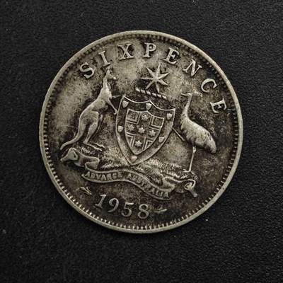 【淘币小摊】实时拍第八百四十九拍   散币银币场   满百包邮可预留二周 每周一统一发货   - 澳大利亚1958年伊丽莎白二世6便士银币
