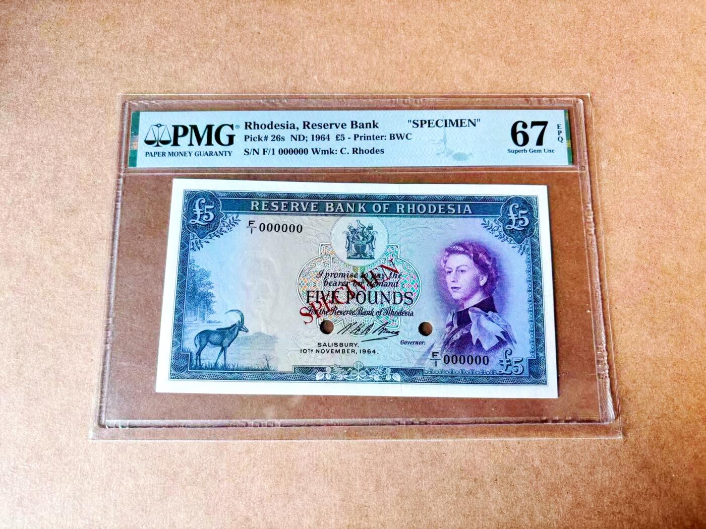 【Blue Auction】世界纸币精拍第774期——18级TOP拍卖/信誉/品质/专业/高效💫 【唯一冠军分】罗德西亚 1964年5镑 样钞 戎装女王 大津巴布韦遗址 BWC雕刻精美 PMG67EPQ 高分