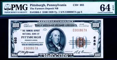 【Blue Auction】世界纸币精拍第774期——18级TOP拍卖/信誉/品质/专业/高效💫 - 【867小号】美国 宾夕法尼亚州 1929年100美金 国民券 PMG64EPQ 老壳