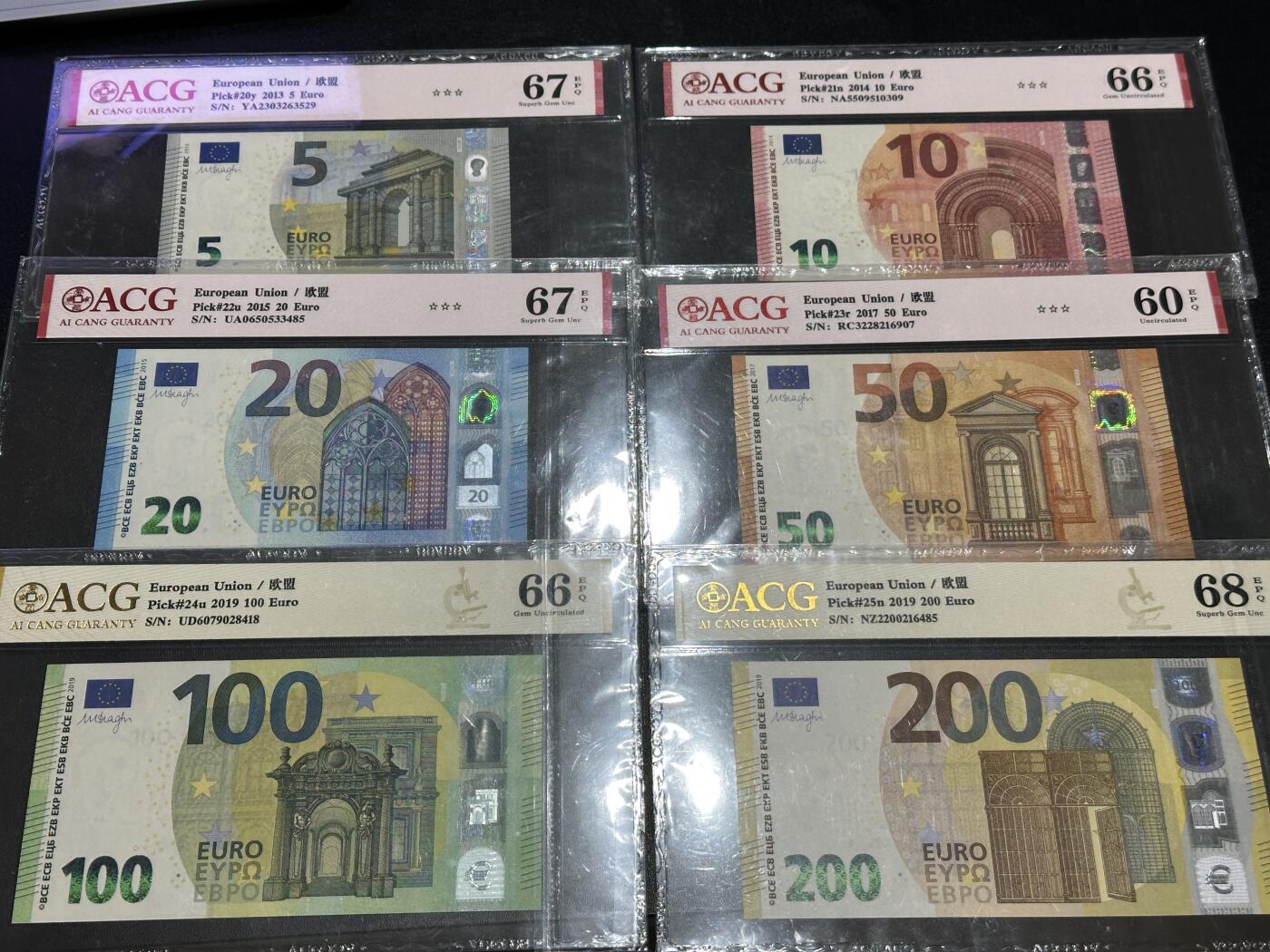 《外钞收藏家》第六百零一期（畅拍场）（本平台长期征集拍品、欢迎藏友们联系合作） 三签 20-200欧元 六张一起 爱藏评级