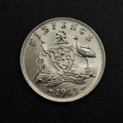 【淘币小摊】实时拍第八百四十八拍   散币银币场   满百包邮可预留二周 每周一统一发货   - 澳大利亚1963年伊丽莎白二世6便士银币