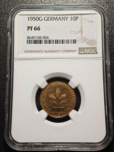【德藏】世界币章拍卖第161期 - 1950年 德国10芬尼精制铜币 NGC PF66