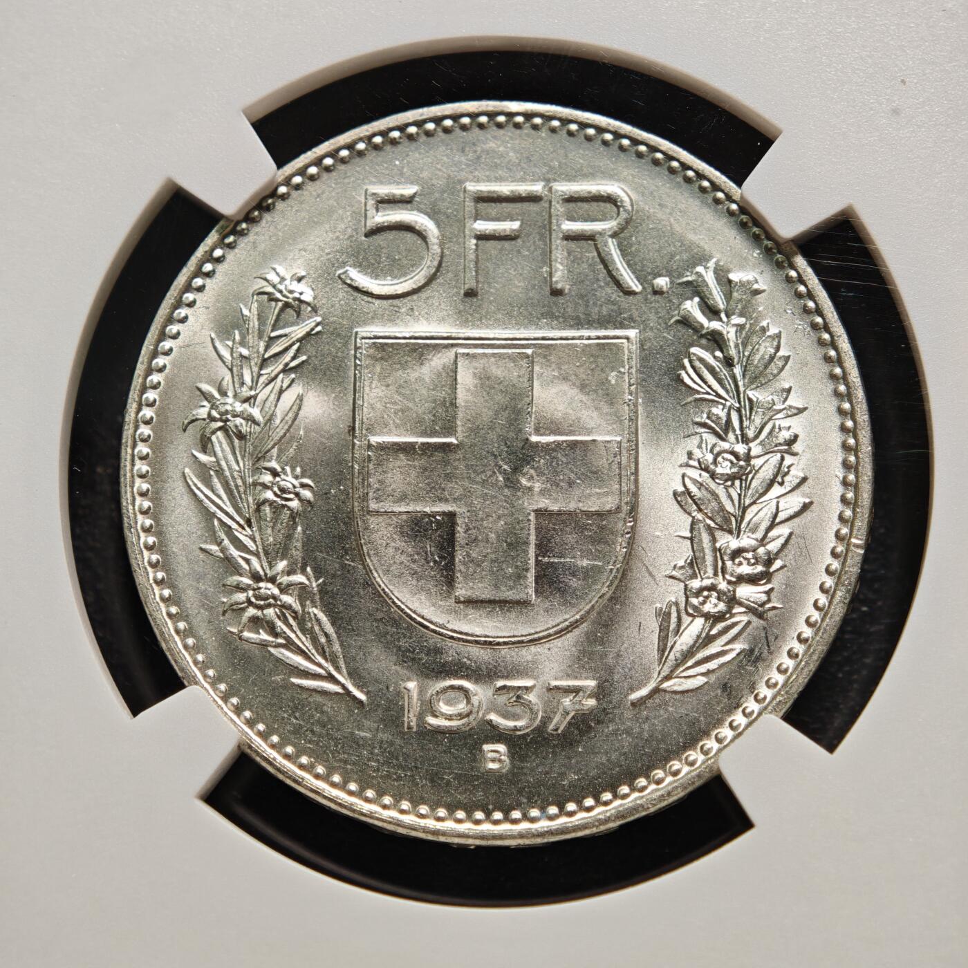【德藏】世界币章拍卖第161期 1937年 瑞士5法郎银币 原光十足 NGC MS65