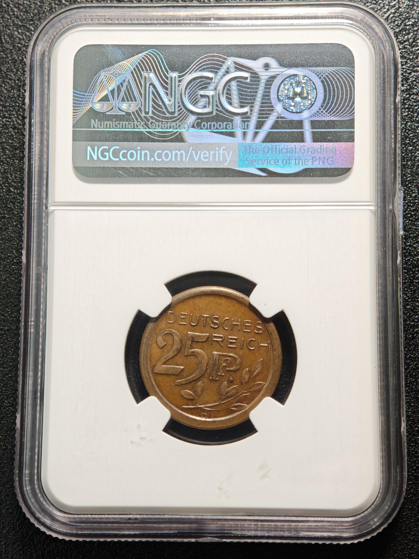 【德藏】世界币章拍卖第161期 1908年 德国25芬尼大嘴鹰 精制铜样币 章牌大师:卡尔歌茨作品 NGC PF63BN