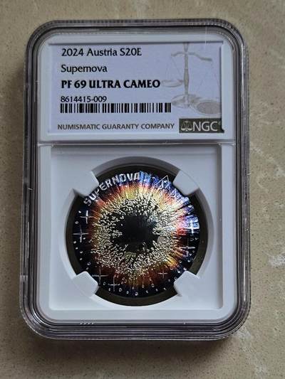 【币将精彩】世界钱币拍卖（2026-1-28） - 克劳斯获奖币奥地利2024年超新星彩色银币NGC评级币带证书包装