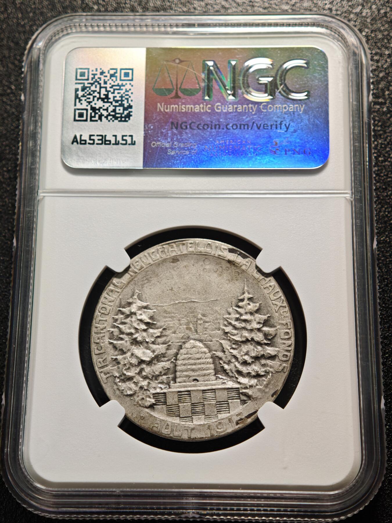 【德藏】世界币章拍卖第161期 1913年 瑞士纳沙泰尔射击节银章 磨砂质感 少见品种 状态极佳 NGC MS64