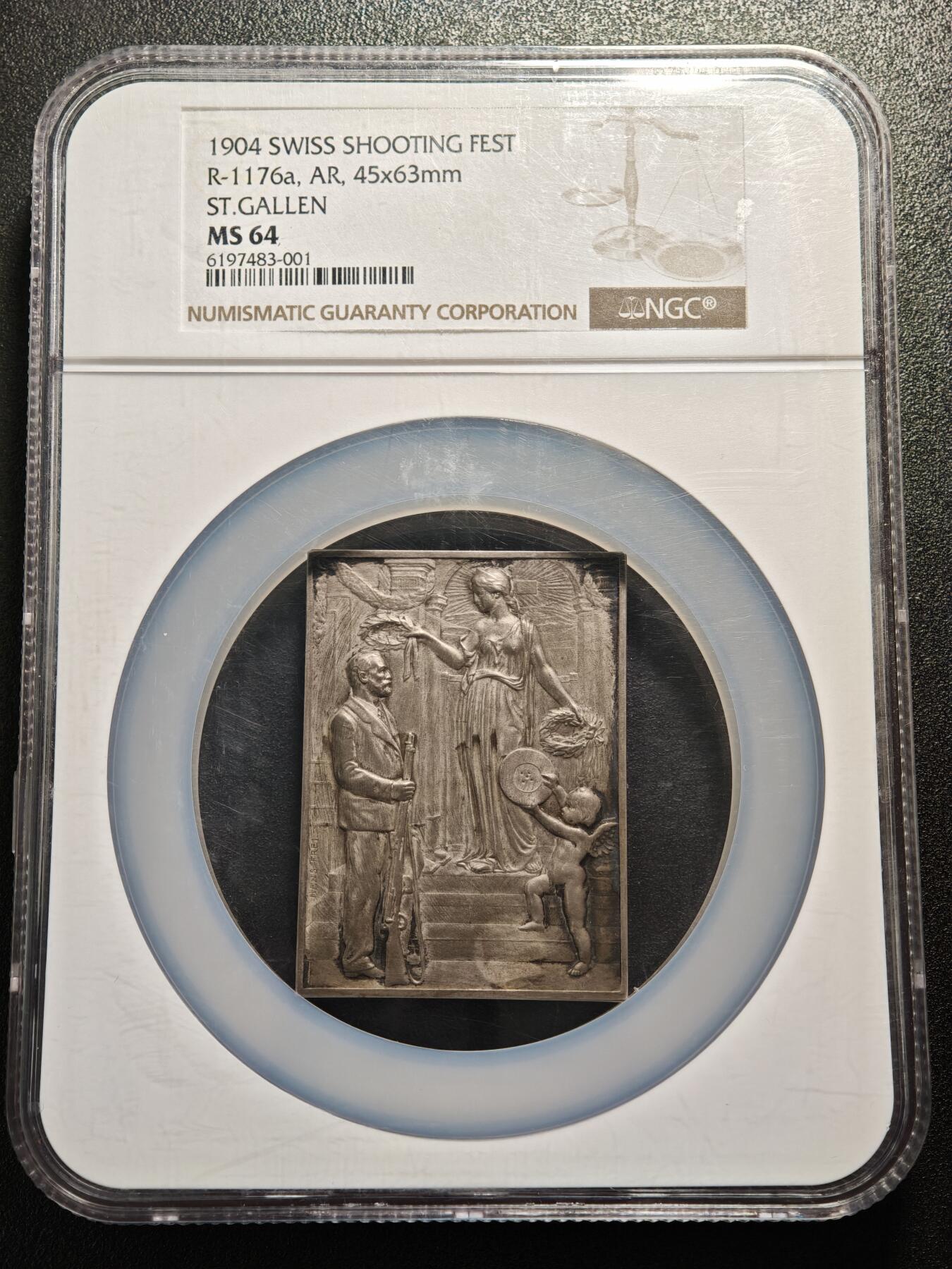 【德藏】世界币章拍卖第161期 1904年 瑞士圣加仑射击节45*63mm矩形纪念大银章 原味老包浆 NGC MS64