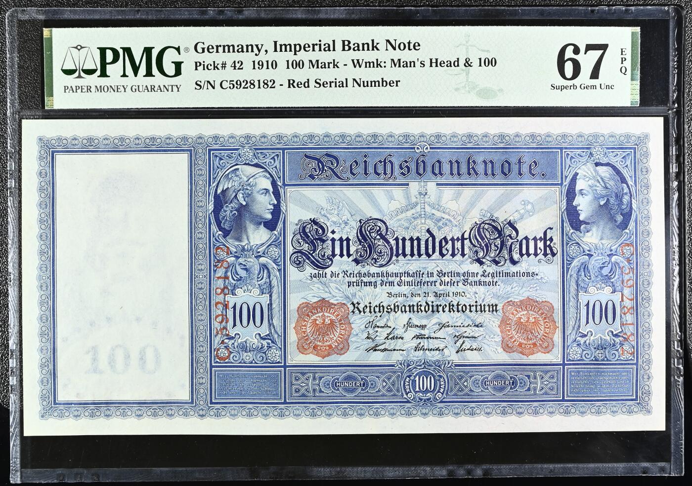 🐍甜小邱世界纸币收藏🐍第139期精品场💐 【冠军分+无347靓号+红字版】PMG67 德国 100马克 帝国银行纸钞 1910