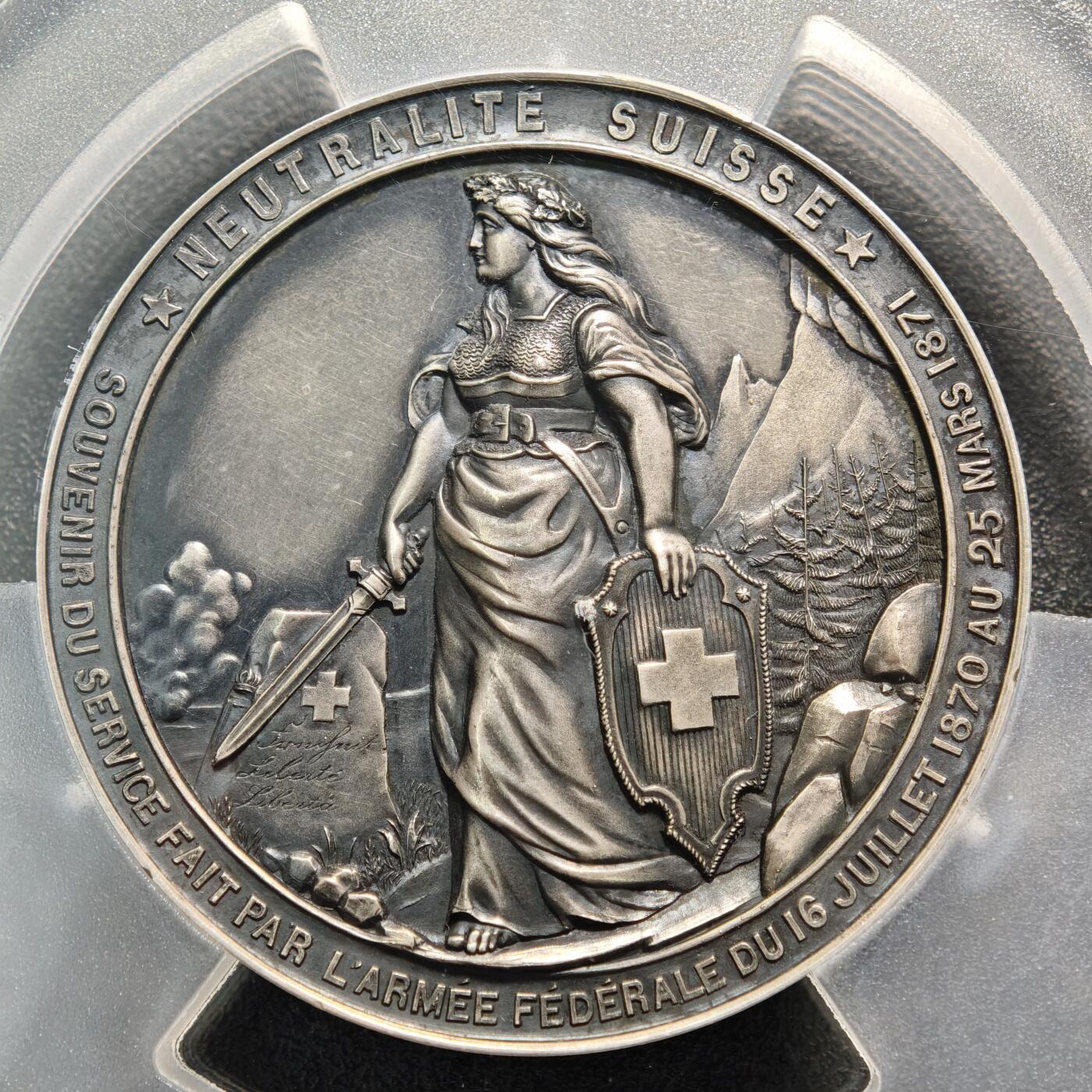 【德藏】世界币章拍卖第161期 1871年 瑞士汉斯赫尔佐格将军胜利女神高浮雕50mm镀银大铜章 立体感极强 人物刻画传神 PCGS SP62