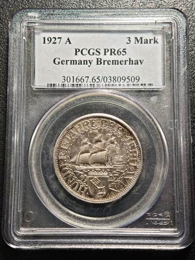 【德藏】世界币章拍卖第161期 - 1927年 德国魏玛不来梅港建港300周年纪念3马克精制银币 环彩包浆 状态极佳 PCGS PR65