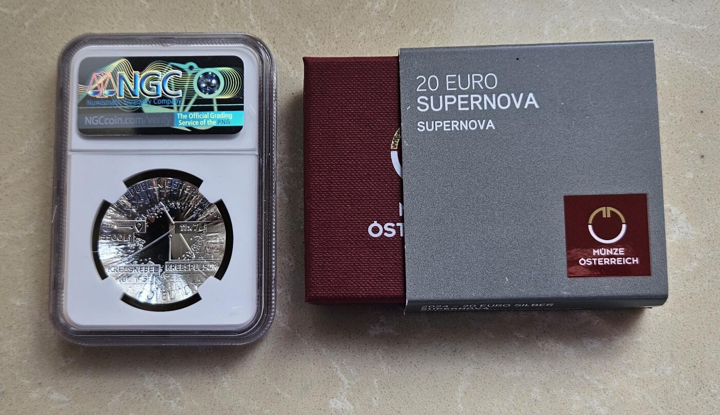 【币将精彩】世界钱币拍卖（2026-1-28） 克劳斯获奖币奥地利2024年超新星彩色银币NGC评级币带证书包装