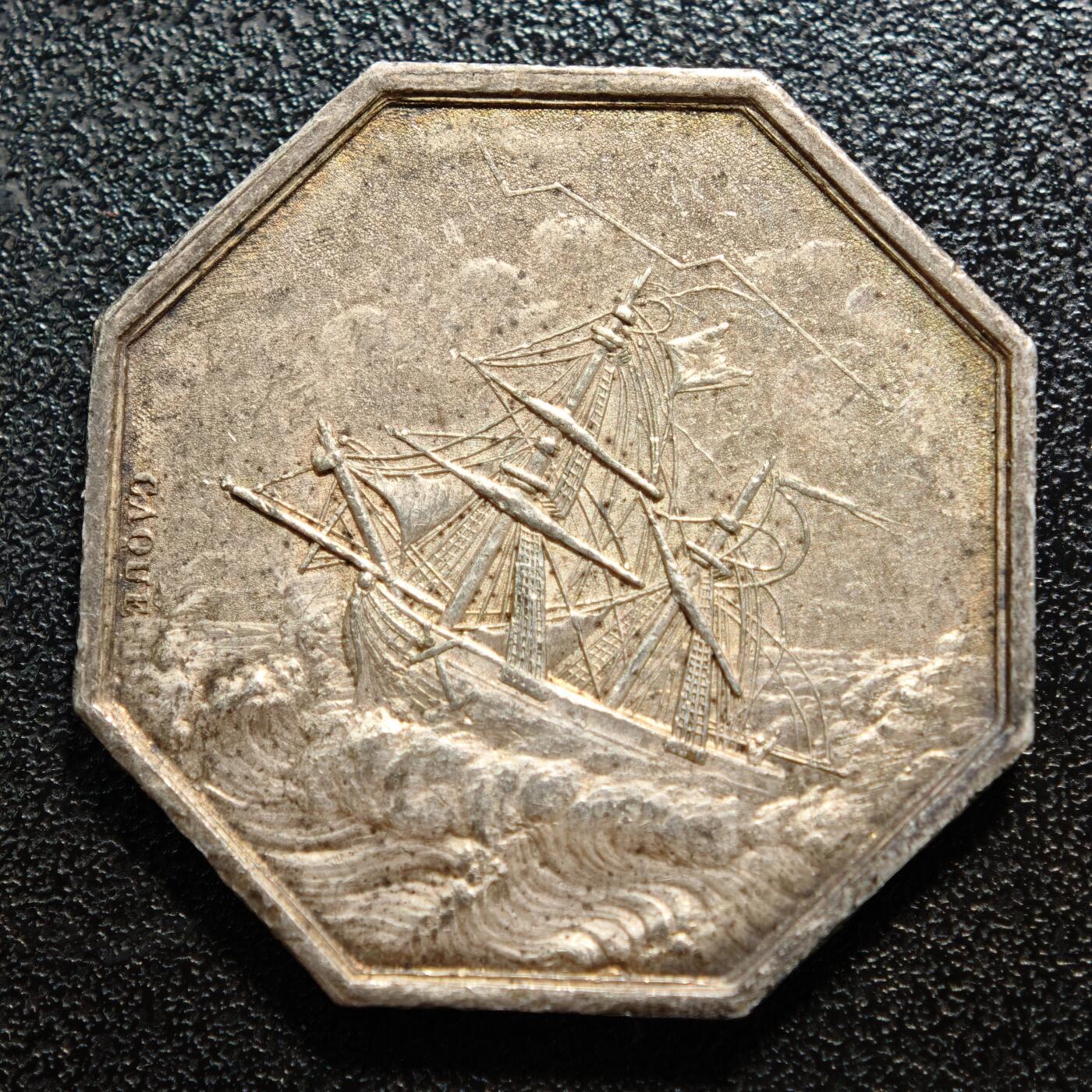 【德藏】世界币章拍卖第161期 名誉品 1832-1841年 法国海洋保险公司美人鱼海妖八角银质代币银章 油灯边铭 (新版法国八角代用币目录封面同款) 原味包浆 味道极佳  直径约：33.1mm；重约：17.5g