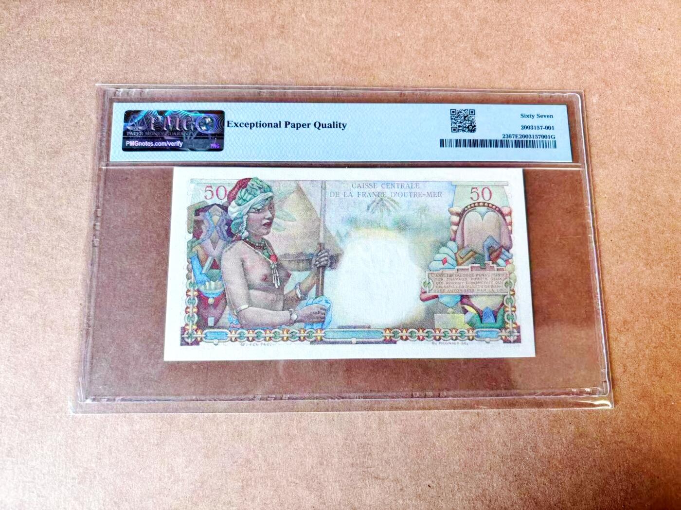 【Blue Auction】世界纸币精拍第774期——18级TOP拍卖/信誉/品质/专业/高效💫 【冠军分 无加盖少见】法属赤道非洲 1947年50法郎 经典白奶球 PMG67EPQ 顶级高分 法属爱好者必备 非常少见 都沉淀在大藏家手上 正面人物：法国著名商人和冒险家Belain d'Esnambuc 其于1627年建立了巴斯特尔 后成为圣基茨和尼维斯独立国家的首都