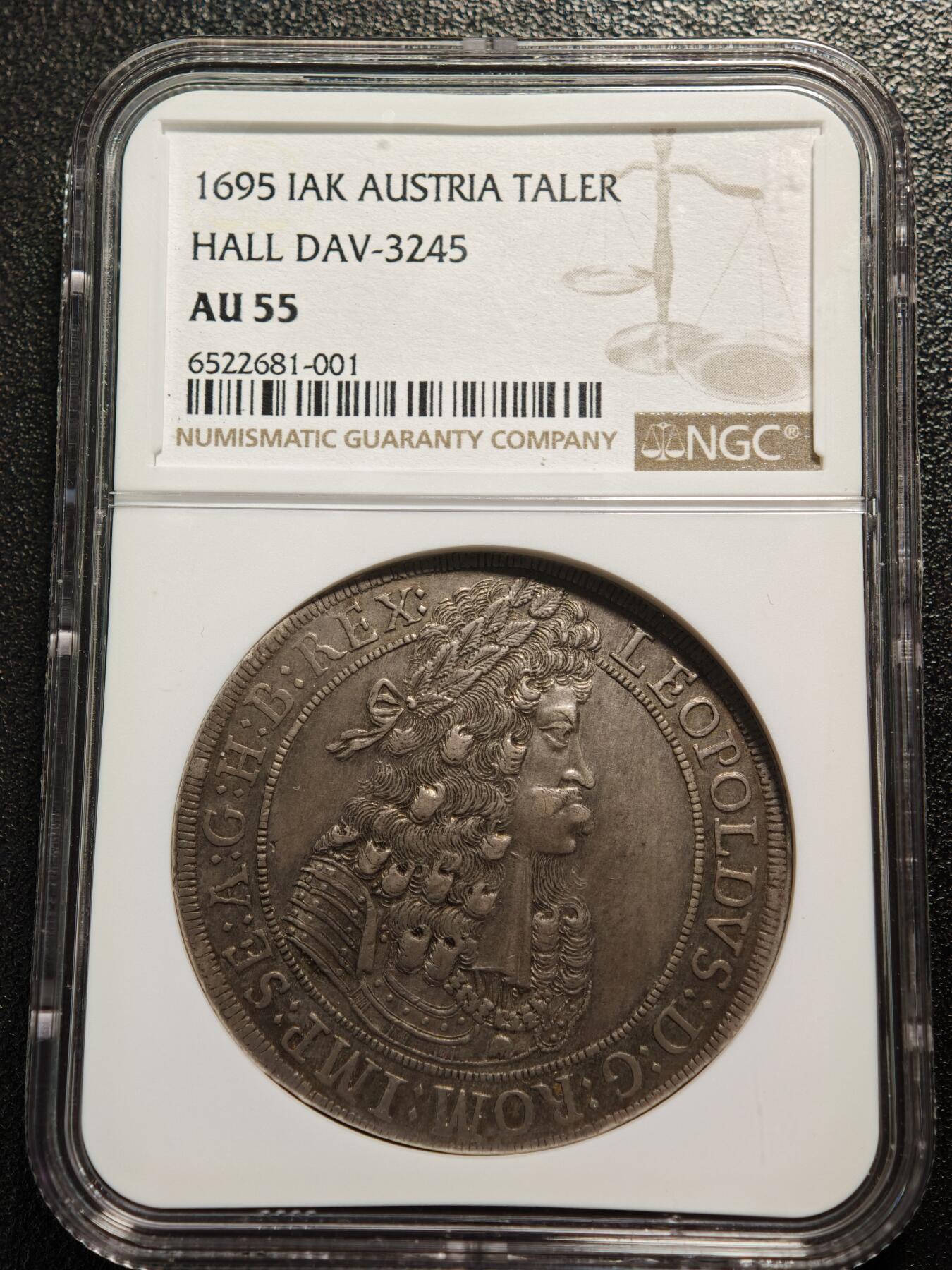 【德藏】世界币章拍卖第161期 1695年 神圣罗马帝国利奥波德一世老泰勒大银币 原味包浆 NGC AU55