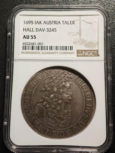 【德藏】世界币章拍卖第161期 - 1695年 神圣罗马帝国利奥波德一世老泰勒大银币 原味包浆 NGC AU55