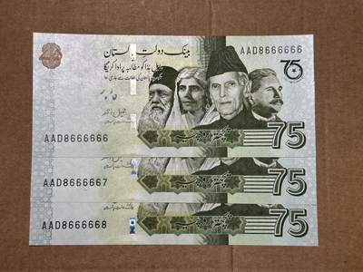 🐍甜小邱世界纸币收藏🐍第139期精品场💐 - 含666666大象号+8666668雷达号 共3张 巴基斯坦 75卢比 2022 独立75周年纪念 全新UNC