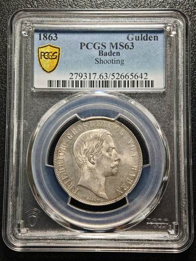 【德藏】世界币章拍卖第161期 - 1863年 德国巴登大公国弗里德里希一世曼海姆射击节1古尔盾银币 原光十足 PCGS MS63