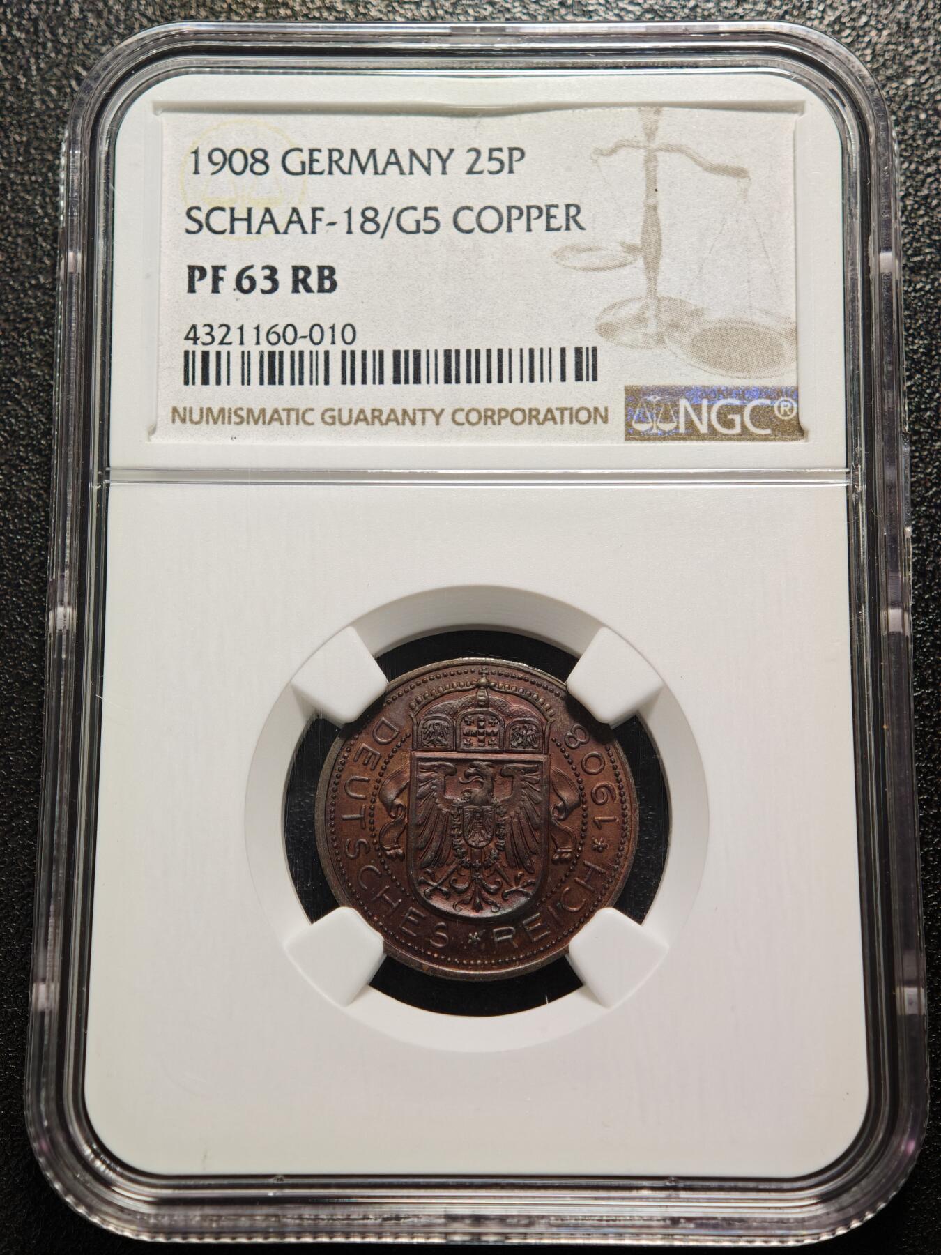 【德藏】世界币章拍卖第161期 1908年 德国25芬尼鹰徽 精制铜样币 章牌大师:卡尔歌茨作品 NGC PF63RB