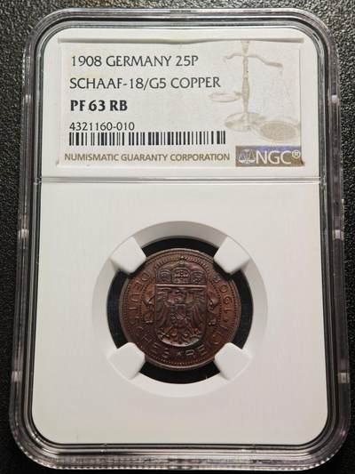 【德藏】世界币章拍卖第161期 - 1908年 德国25芬尼鹰徽 精制铜样币 章牌大师:卡尔歌茨作品 NGC PF63RB