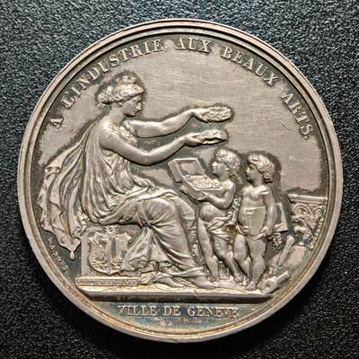 【德藏】世界币章拍卖第161期 - 1924年 瑞士日内瓦钟表学校百年奖章纪念大银章 瑞士著名章牌雕刻家:安东尼·博维作品 直径约：45.8mm；重约：48.1g