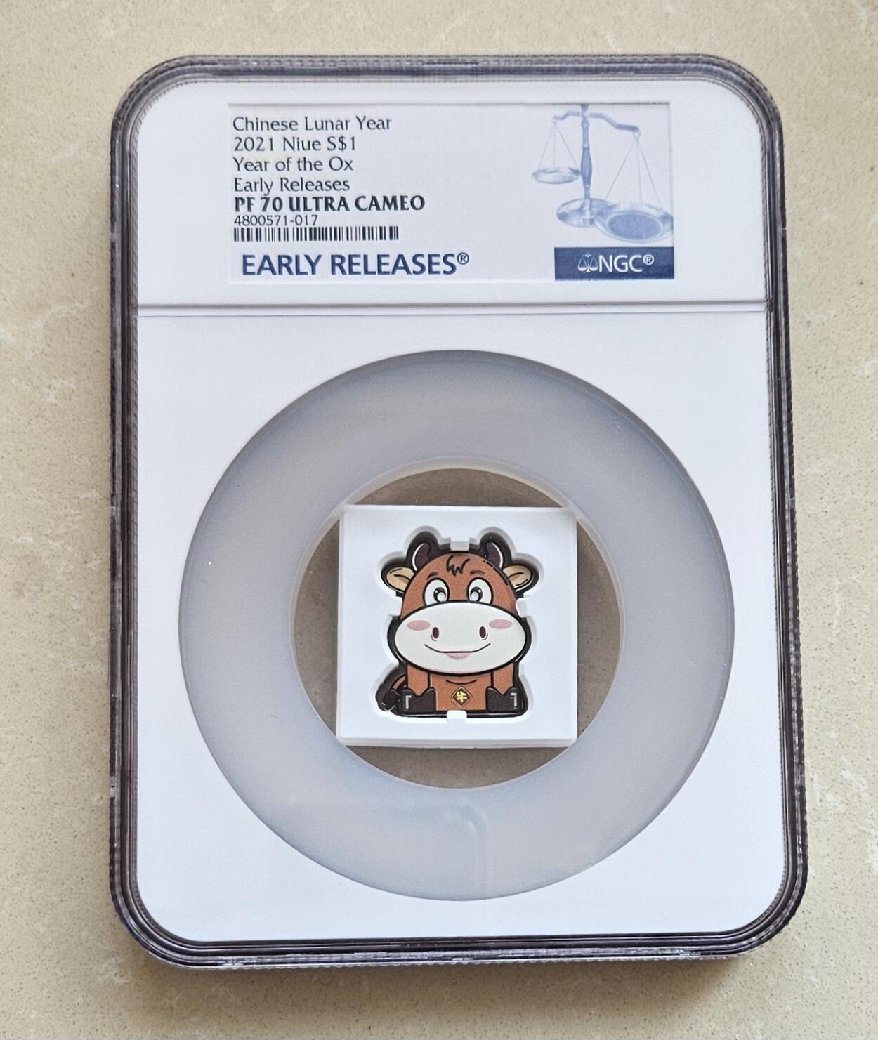 【币将精彩】世界钱币拍卖（2026-2-4） 纽埃2021年卡通牛彩色银币NGC评级币