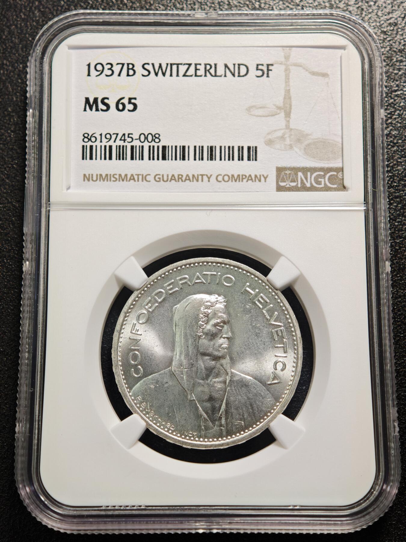 【德藏】世界币章拍卖第161期 1937年 瑞士5法郎银币 原光十足 NGC MS65