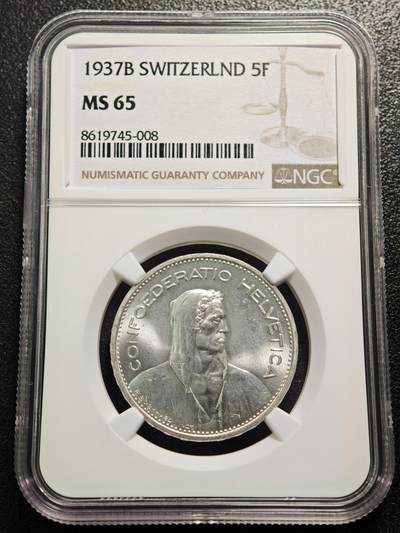 【德藏】世界币章拍卖第161期 - 1937年 瑞士5法郎银币 原光十足 NGC MS65