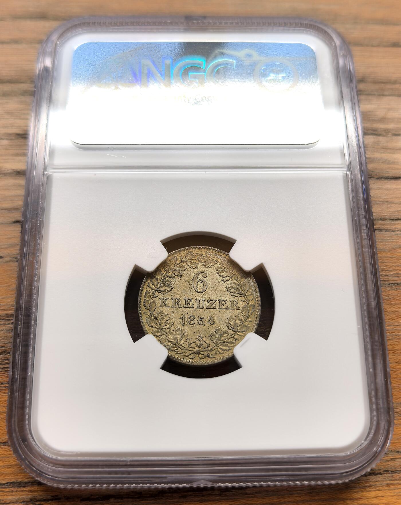凡希社世界钱币微拍第三百十八期 1854德国法兰克福景观6K银辅币NGC-MS63，实物状态一流。