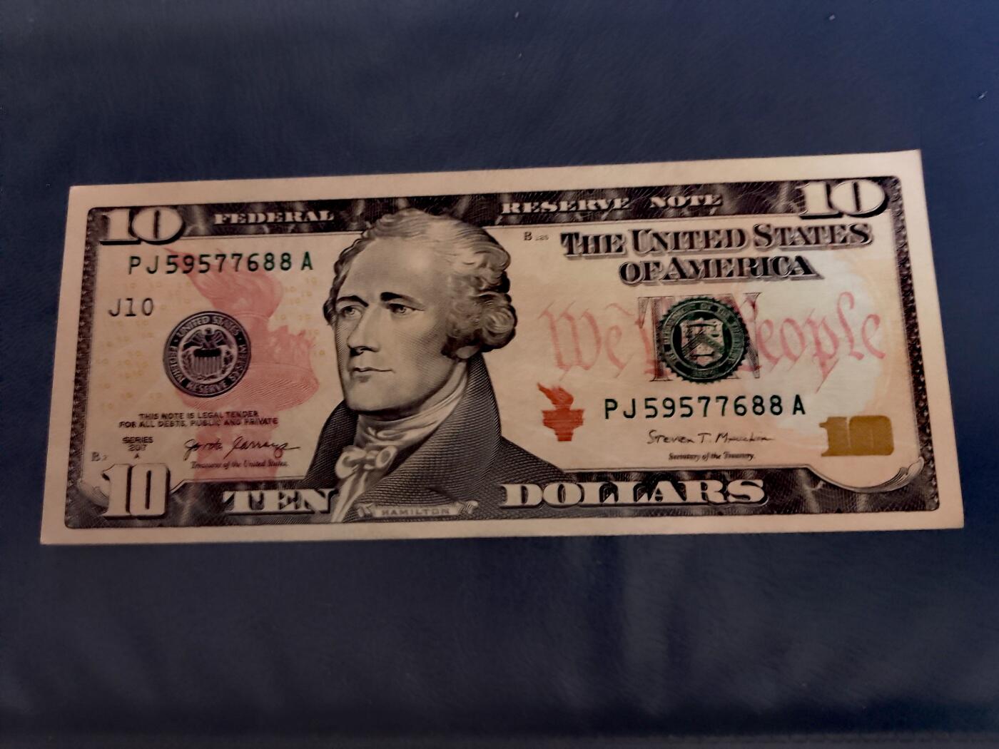 全新美国2017年10美元双喜号靓品纸币