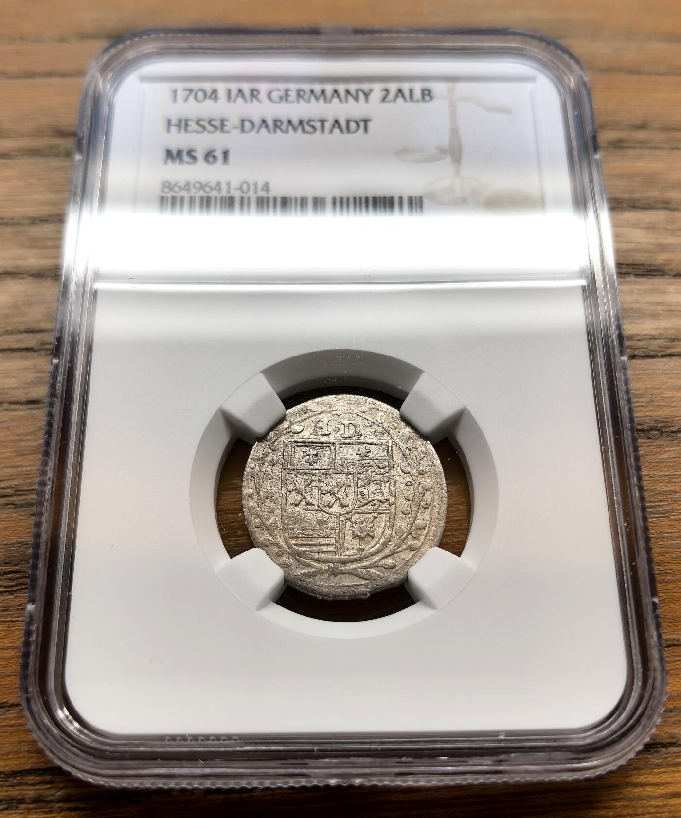 凡希社世界钱币微拍第三百十八期 1704德国黑森-达姆斯特2ALB银币NGC-MS61