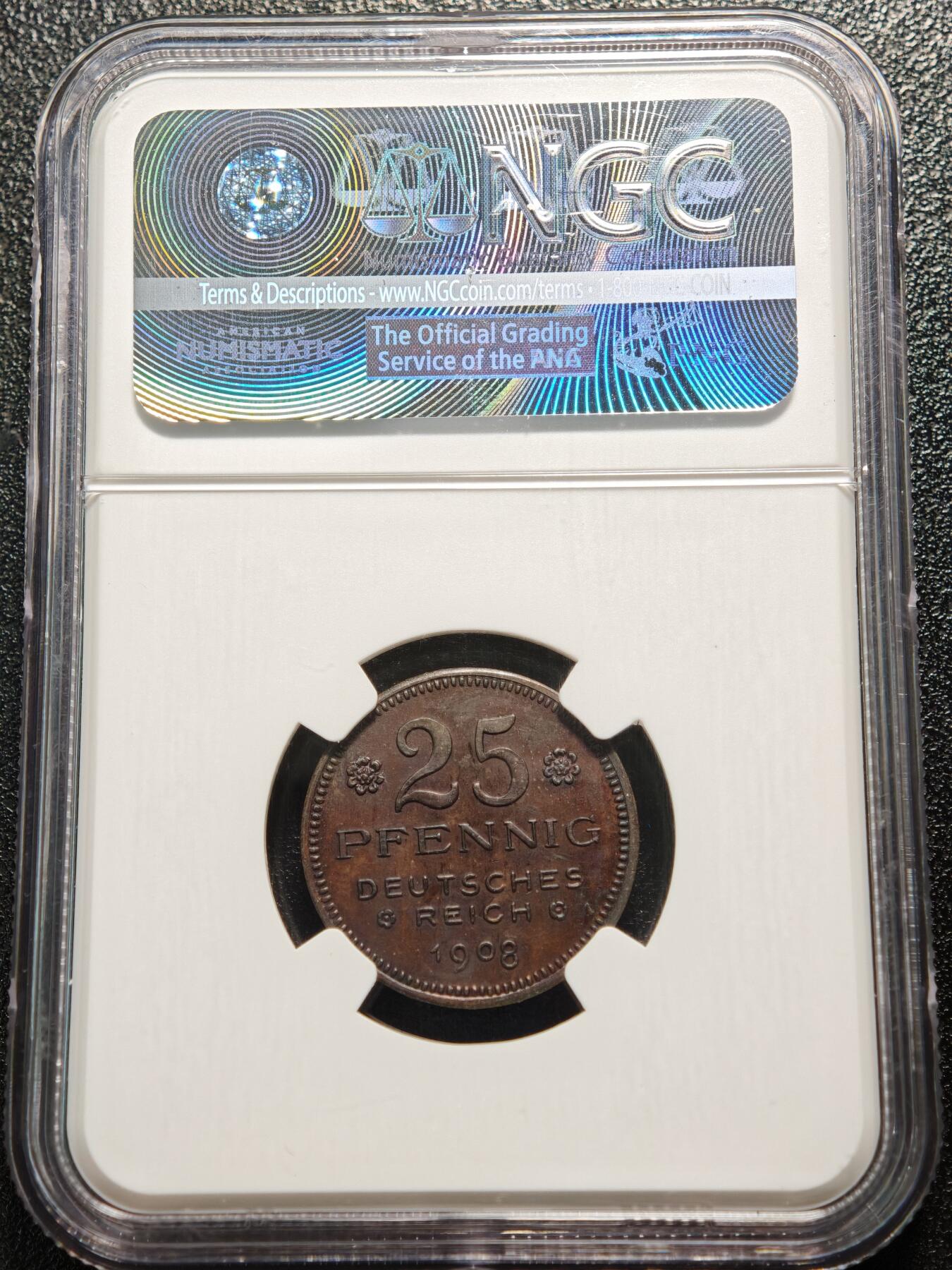 【德藏】世界币章拍卖第161期 1908年 德国25芬尼鹰徽 精制铜样币 章牌大师:卡尔歌茨作品 NGC PF63RB