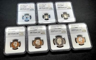 凡希社世界钱币微拍第三百十八期 - 1965希腊精铸PS七枚套带银币NGC-PF66/67