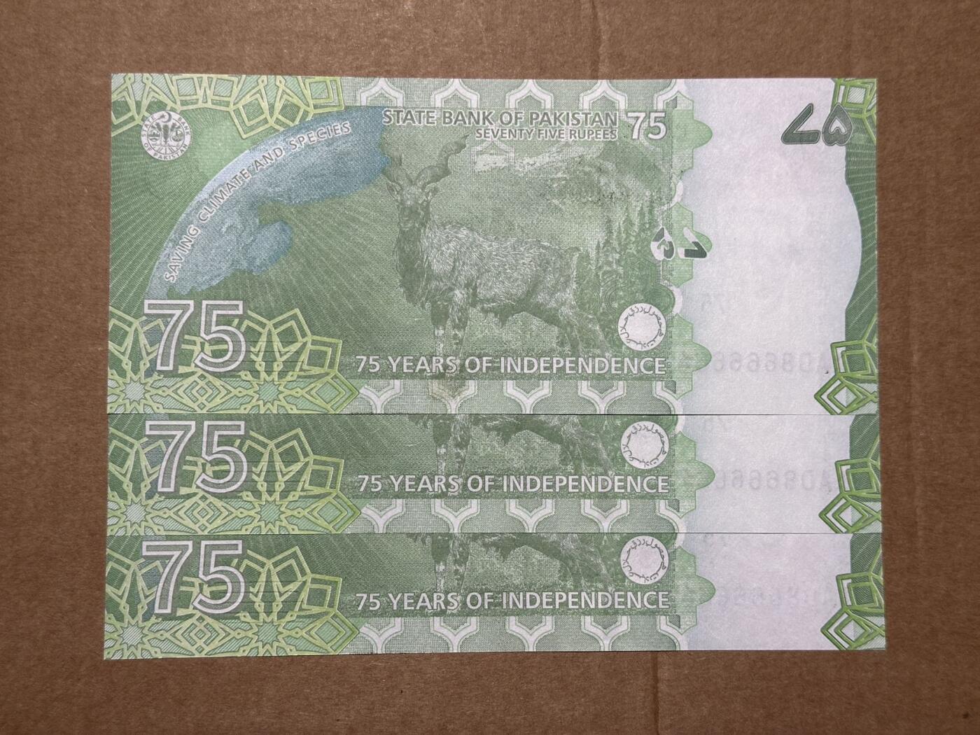 🐍甜小邱世界纸币收藏🐍第139期精品场💐 【近全同+雷达号】巴基斯坦2023年75卢比 独立75周年纪念钞 8666666/7/8三连号一套 三连号中含一张近全同和一张超级雷达号 非常难得 全新UNC